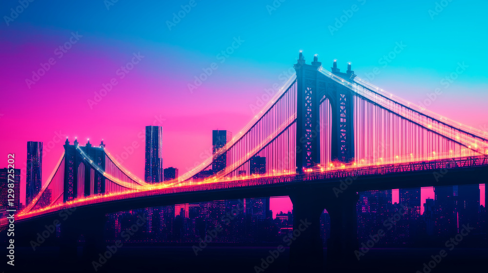 Fototapeta premium Vibrant cityscape with glowing bridge at sunset