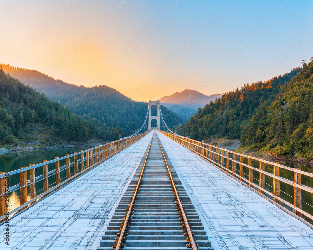 Bridge blueprints overlay scenic river landscape at sunset Bridge blueprints overlay scenic river landscape at sunset