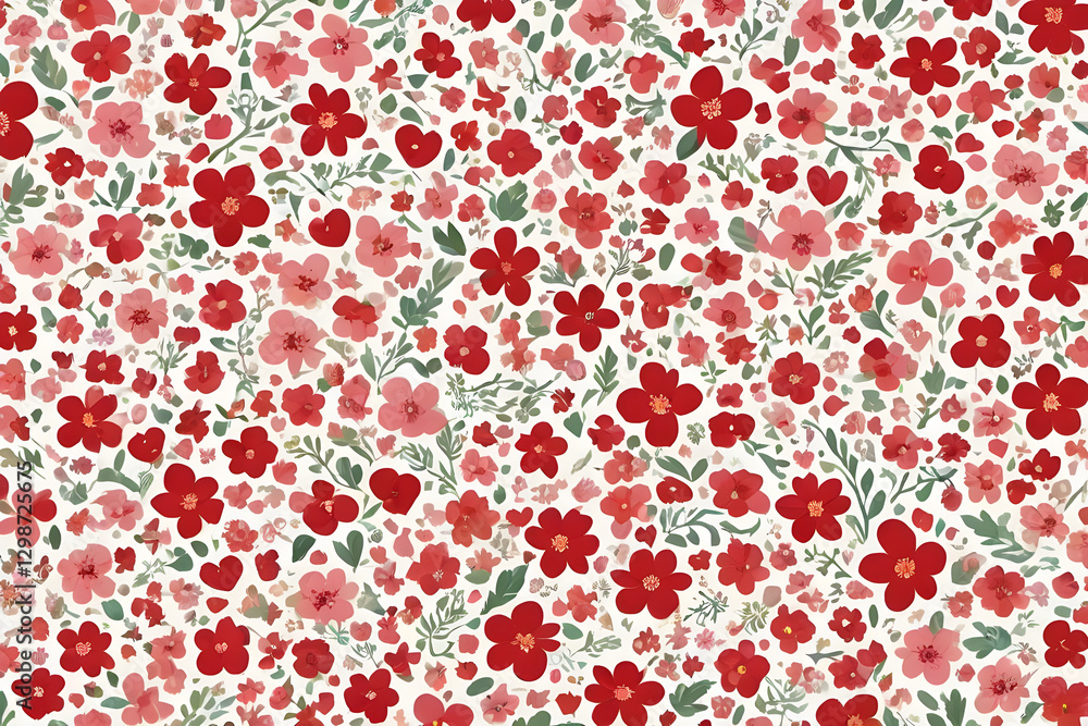 Seamless pattern with red and pink flowers and green leaves on a white background, creating a delicate and romantic floral design Seamless pattern with red and pink flowers and green leaves on a white background, creating a delicate and romantic floral design