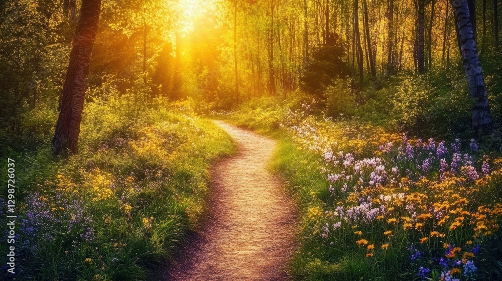 Obraz premium sunlit path through a flower-filled forest