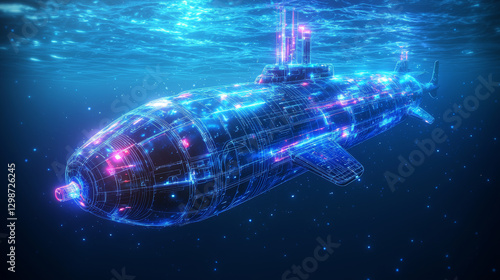 Futuristic submarine glowing underwater with digital blueprints