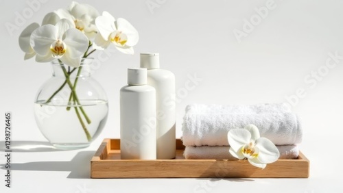 white cosmetic bottles with folded towels and an orchid flower on a wooden tray, elegant glass vase with fresh white orchids in a bright setting, concept of skincare, wellness, and spa industry
