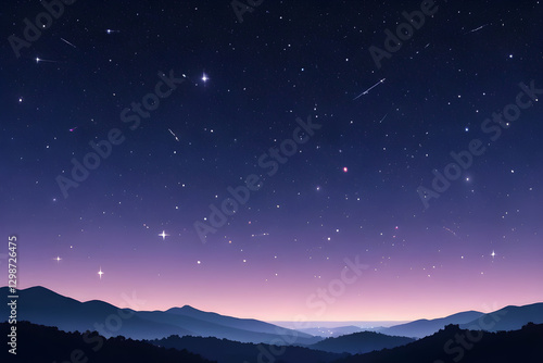 Falling stars cascading over rugged mountain peaks, painting nocturnal twilight with celestial luminescence