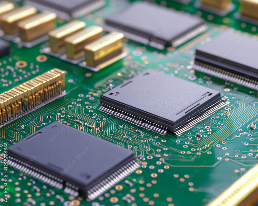 Close up of circuit board with microchips and connectors Close up of circuit board with microchips and connectors