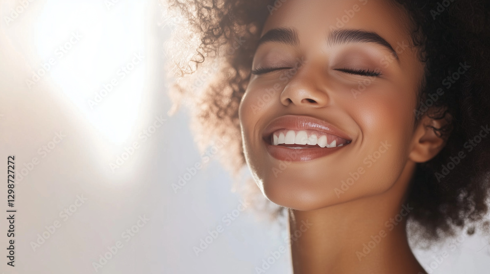 Radiant African American woman exudes joy, embodying confidence and warmth in a serene moment. Radiant African American woman exudes joy, embodying confidence and warmth in a serene moment.