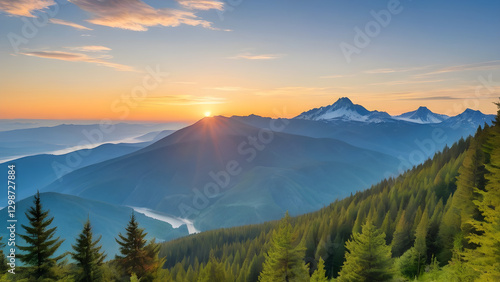Scenic view of sun rising over the Cascade Range in Oregon, with the Clackamas River winding through forested hills