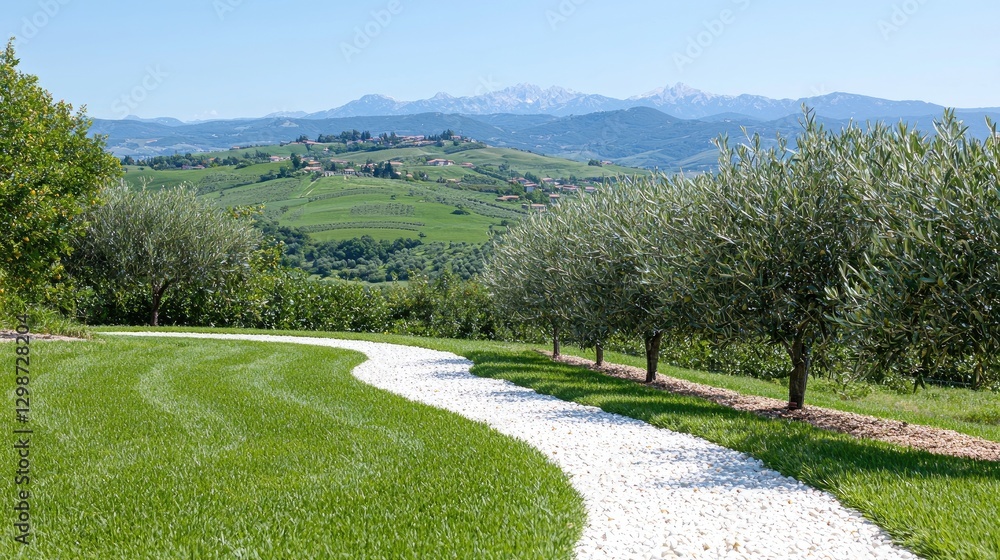 Fototapeta premium Winding white gravel path leads through green lawns and olive trees in the Tuscan countryside under a clear blue sky.