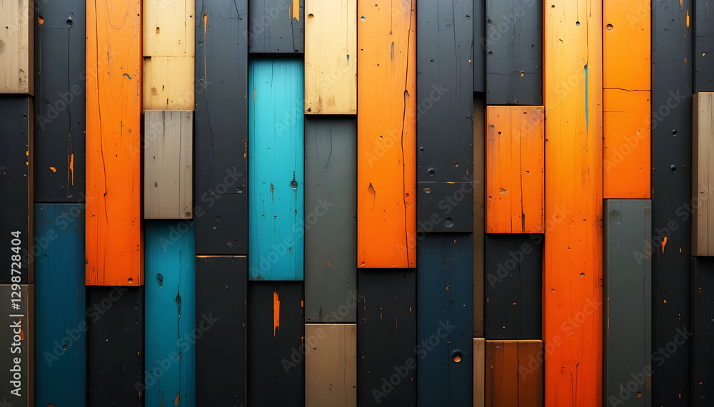 vertical wooden blocks abstract background,Modern geometric wall art composed of vertical wooden blocks in deep black, bright orange, and teal colors, vertical wooden blocks abstract background,Modern geometric wall art composed of vertical wooden blocks in deep black, bright orange, and teal colors,