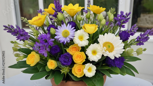 Wallpaper Mural Beautiful flower arrangement with yellow roses, purple lisianthus, white gerberas and other colorful flowers, creating a stunning centerpiece Torontodigital.ca