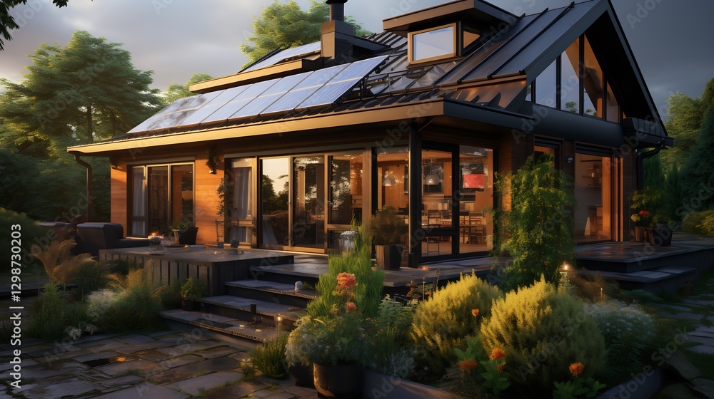 Sunset view of modern eco-friendly house with garden Sunset view of modern eco-friendly house with garden