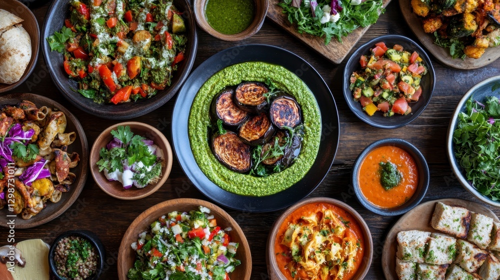 Vibrant Array of Colorful Vegetarian Dishes on Wooden Table Vibrant Array of Colorful Vegetarian Dishes on Wooden Table