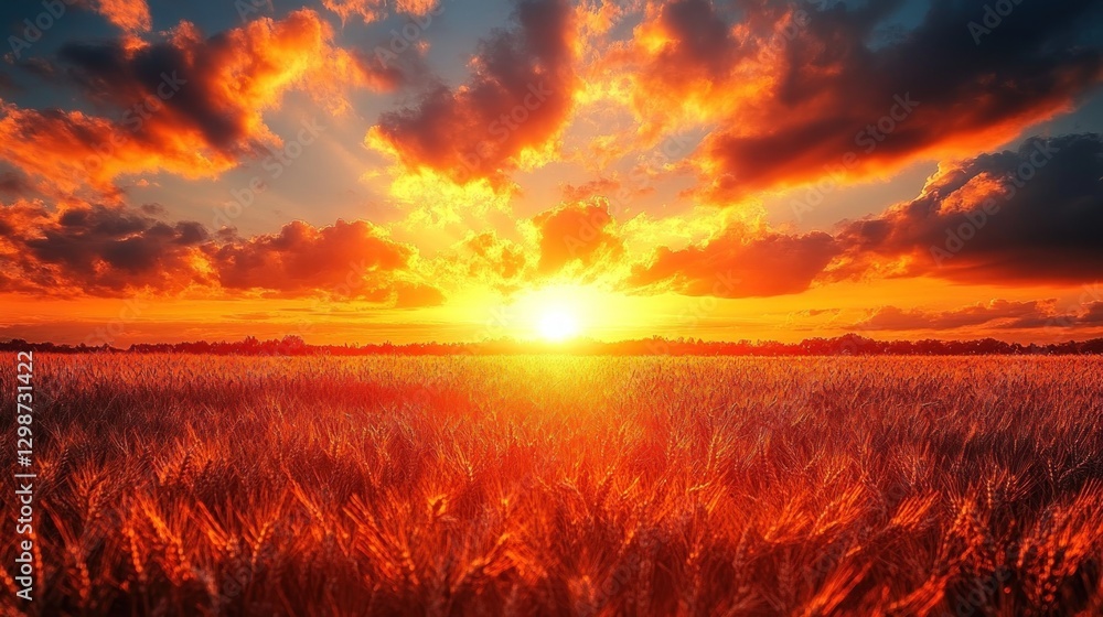 Fototapeta premium Wheatfield glowing under sunset. Golden hour. Warm colors with dramatic sky. Rural scene