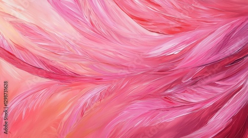 Colorful abstract feather artwork in shades of pink and coral, perfect for interior decor, modern art enthusiasts, and creative backgrounds.