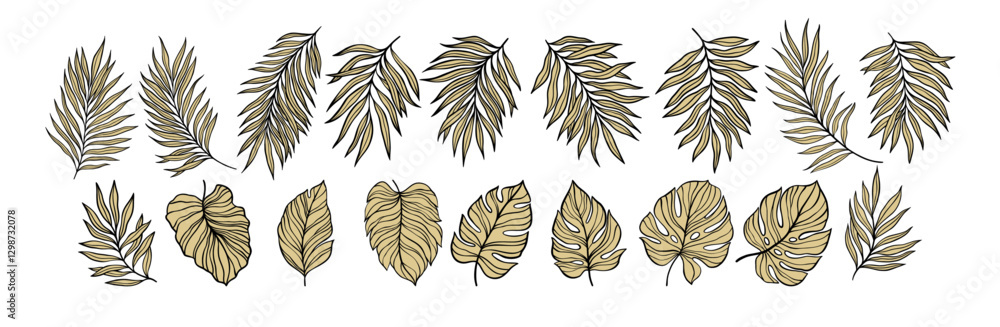 Fototapeta premium Decorative Illustration of Stylized Tropical and Exotic Leaves in a Linear Arrangement. Vector illustration