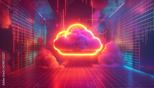 A glowing neon cloud hovers above a grid landscape