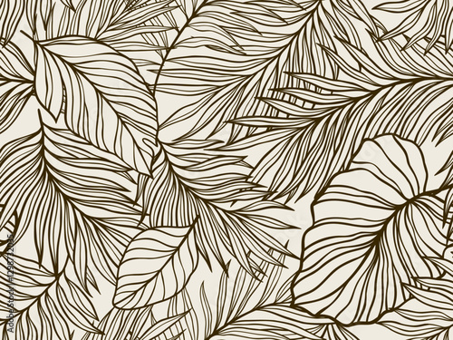 Elegant Tropical Palm Leaf Pattern in Beige and Brown Tones as a Seamless Design. Vector illustration