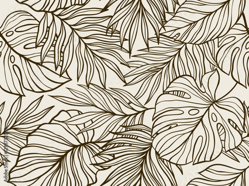Intricate Seamless Pattern Featuring Botanical Leaf Line Drawings in a Minimalist Style. Vector illustration