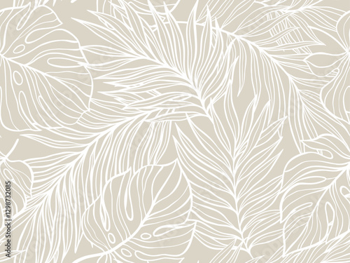 Seamless Pattern of Tropical Foliage in Subtle Beige Tones for Elegant Design Projects. Vector illustration