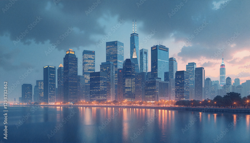 Fototapeta premium Night cityscape with clouds over skyline and reflections in water with copy space