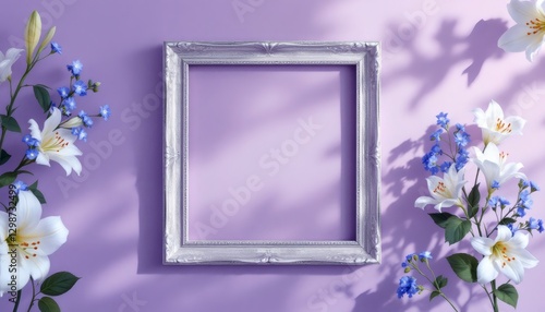 Elegant Silver Frame with White Lilies on a Pastel Purple Background