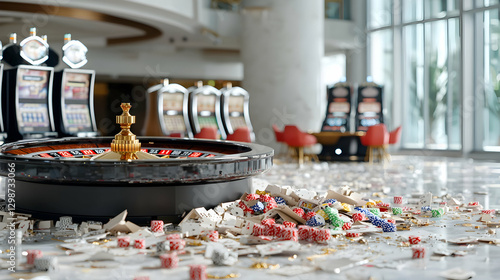 Roulette wheel sits surrounded by rubble and debris on the floor of a bright, abandoned casino lobby.