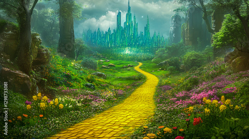 Fantasy landscape depicting the iconic Emerald City and the Yellow Brick Road