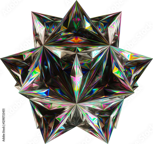 A futuristic, iridescent geometric crystal with sharp, faceted surfaces reflecting vibrant neon hues. The abstract, 3D-rendered artwork blends modern, cyberpunk, and sci-fi aesthetics