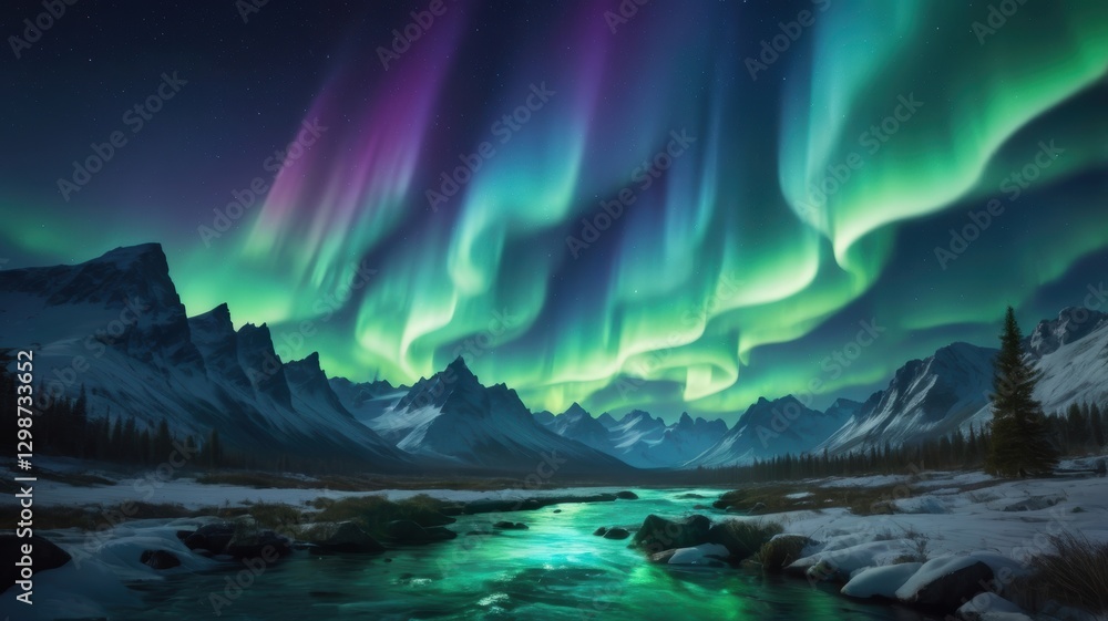 Fototapeta premium Stunning Aurora Borealis Display Over Snowy Mountains and River