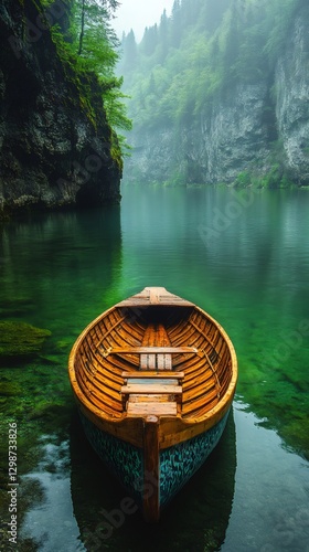 Wallpaper Mural Wooden boat floating on a pristine lake in a misty mountain gorge Torontodigital.ca