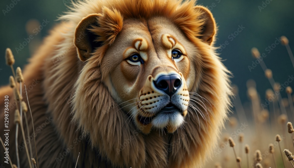 Fototapeta premium A lion with a long mane and a big nose is staring at the camera