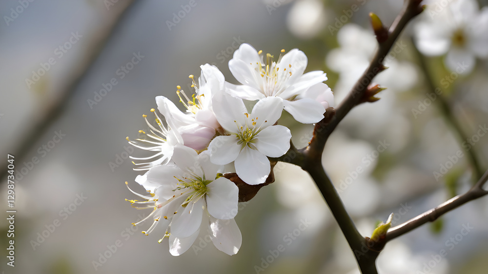 Close up of delicate white cherry blossoms blooming on a branch, capturing the essence of spring and renewal Close up of delicate white cherry blossoms blooming on a branch, capturing the essence of spring and renewal