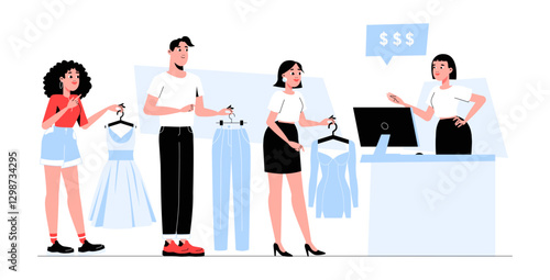 Customers At Clothing Store Checkout In Flat Vector Illustration Symbolizing Retail Shopping, Fashion Purchase, And Customer Service, Isolated On White Background
