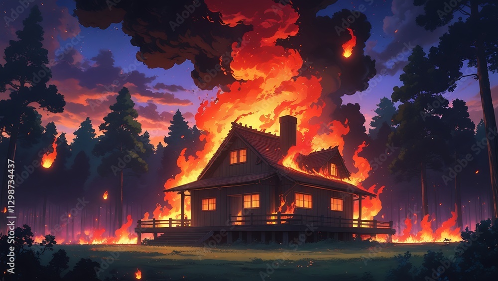 Apocalyptic Scene of a Firestorm Devouring a wooden house on a Vast Woodland, with Rolling Smoke and Scorched Earth Under a Crimson Sky Apocalyptic Scene of a Firestorm Devouring a wooden house on a Vast Woodland, with Rolling Smoke and Scorched Earth Under a Crimson Sky