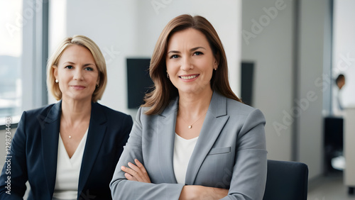Portrait of two confident businesswomen smiling with arms crossed in a modern office, showcasing teamwork and female leadership