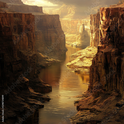 A mysterious deep canyon with a river cutting through, layered rock textures in rich earthy tones, soft ambient lighting, awe-inspiring high-resolution landscape realism. 