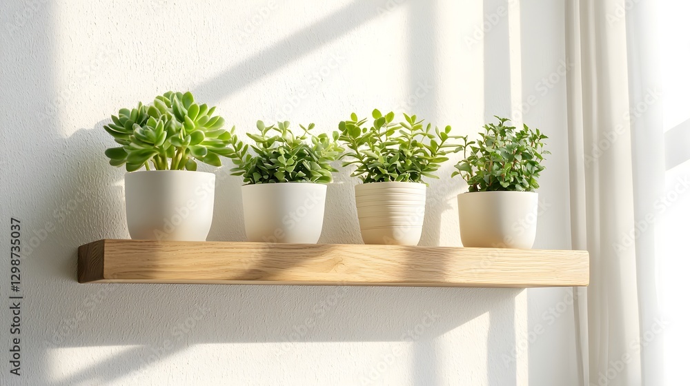 Fototapeta premium Floating Wooden Shelf with Potted Plants in Bright Clean Minimalist Decor