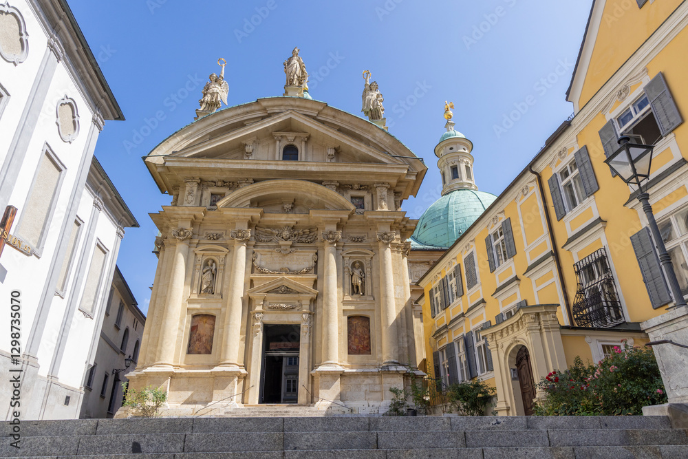 Scenic view of Mausoleum of Emperor Ferdinand II and Katharinenkirche church in background in Graz in Stiermarken region in Austria