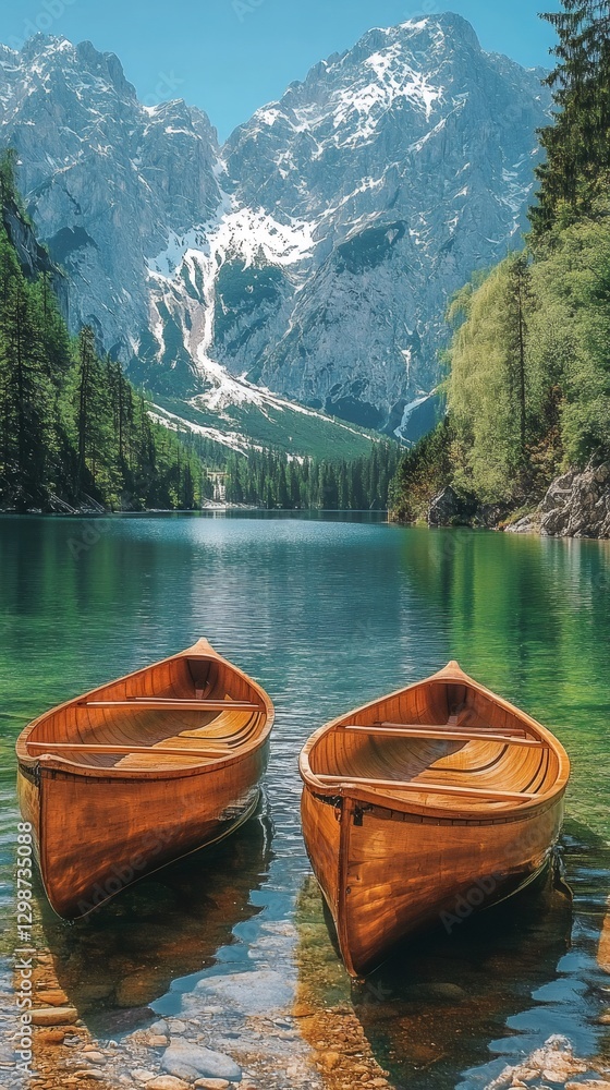 Obraz premium Two wooden canoes resting on the shores of a pristine mountain lake