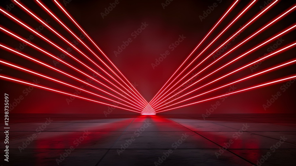 Obraz premium Multiple bright red laser beams converge on a reflective dark grey floor, creating a triangular pattern.