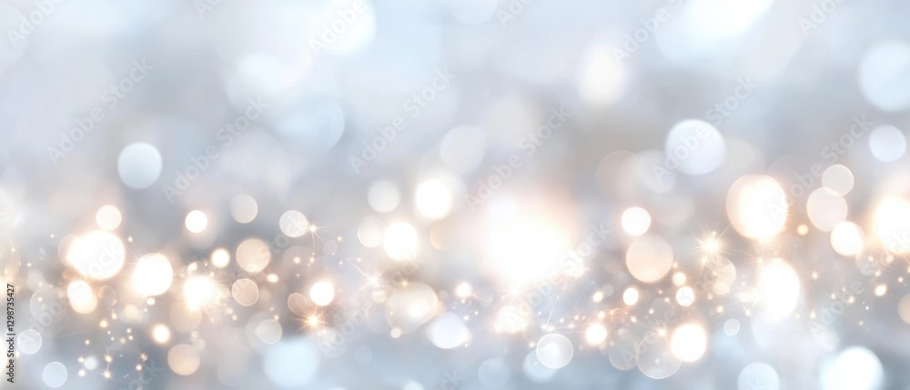 Obraz premium Bokeh background with soft white and gold lights, festive glittering texture for holiday celebrations, weddings, photography, and graphic design projects.