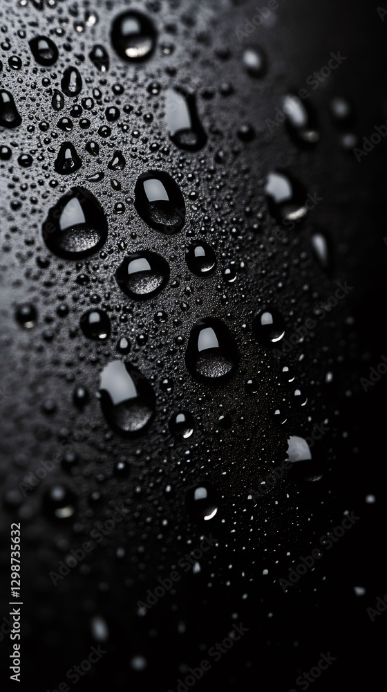Close up macro water droplets resting on a textured black surface Close up macro water droplets resting on a textured black surface