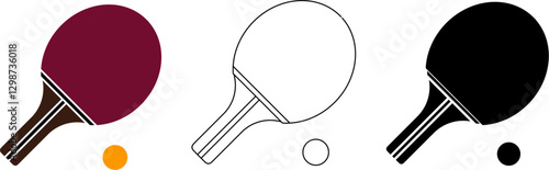 minimalist vector icon of a ping pong paddle and ball in three styles: colored, outline, and black silhouette. Perfect for sports designs, apps, and table tennis branding.

