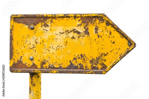 Rusty yellow road sign arrow pointing right .
