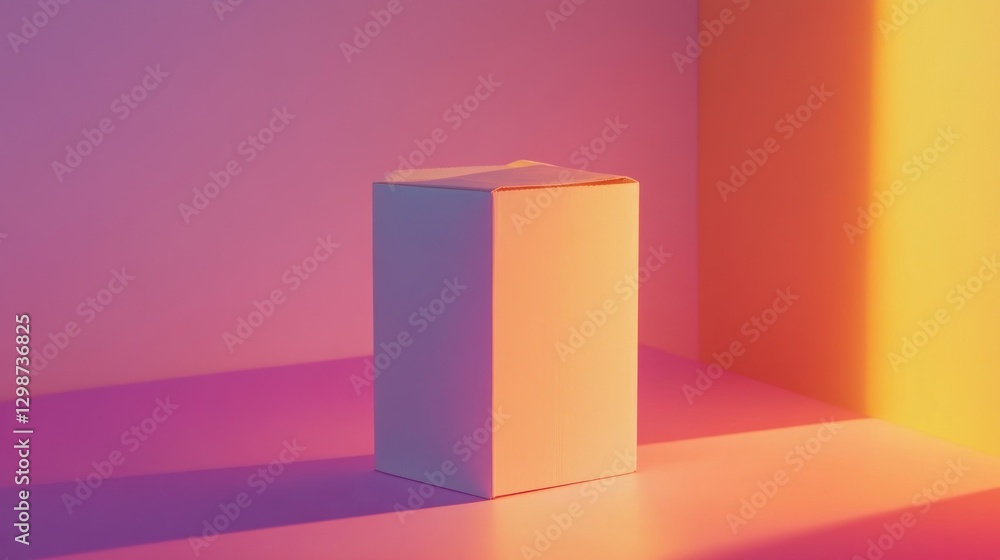 White hexagonal box on colorful background, illuminated by sunlight. White hexagonal box on colorful background, illuminated by sunlight.