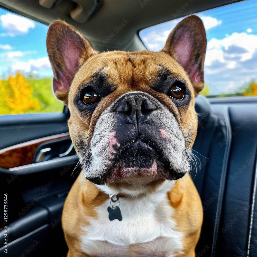 Fototapeta premium french bulldog puppy in car. Generate AI