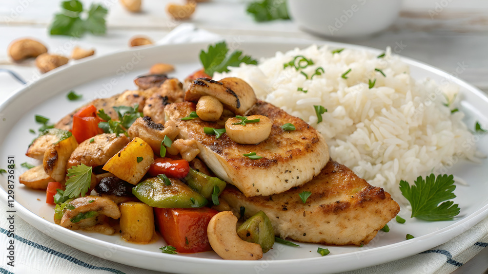 Grilled chicken breast, colorful vegetable stir fry, fluffy white rice, cashews, fresh herbs, vibrant plating, appetizing meal, healthy dinner, rustic white plate, food photography, soft lighting Grilled chicken breast, colorful vegetable stir fry, fluffy white rice, cashews, fresh herbs, vibrant plating, appetizing meal, healthy dinner, rustic white plate, food photography, soft lighting
