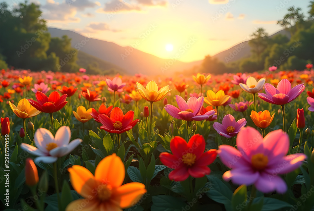 Obraz premium Radiant cosmos flowers blooming across countryside landscape, backlit by golden sunset casting dramatic shadows against mountainous horizon