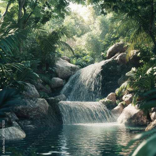 Fototapeta Naklejka Na Ścianę i Meble -  A peaceful hidden waterfall deep within a tropical rainforest, crystal-clear water cascading over rocks, lush green foliage, dreamy cinematic lighting, ultra-realistic nature scene. 