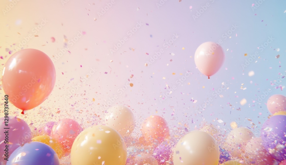 Fototapeta premium Colorful Balloons Floating in a Confetti Shower Against Sky