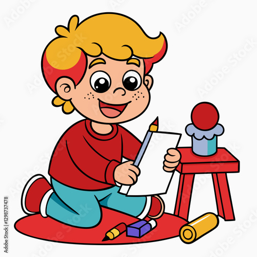 Happy child drawing, creative kids illustration for education, art activities, school, preschool materials